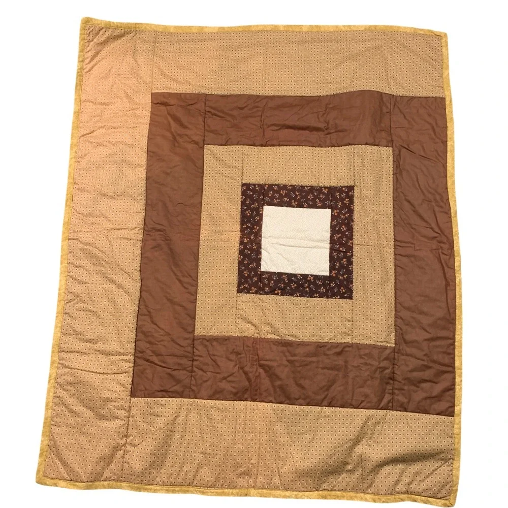 Handmade Log Cabin Quilt Baby Blanket Earth Tones Square‎ Patchwork